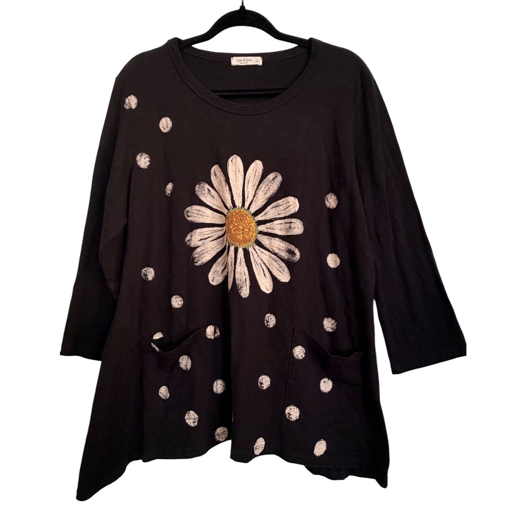 Jess & Jane Womens XL Black Daisy Polka Dot Cotton 3/4 Sleeve Pocket Tunic Top